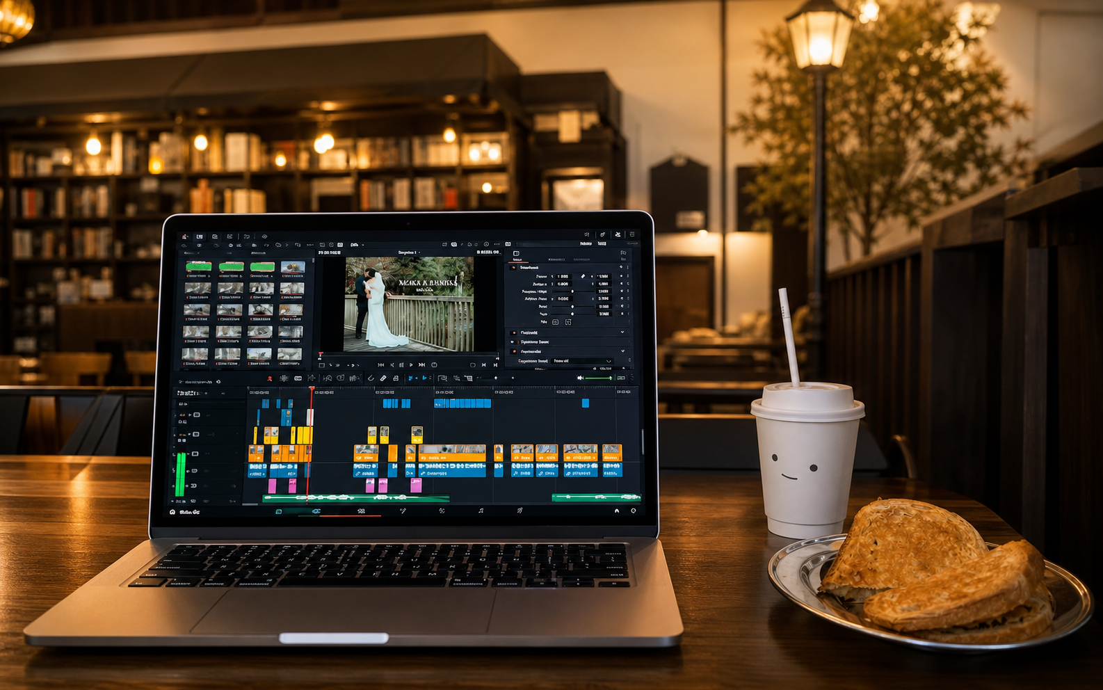 A laptop displaying a detailed video editing timeline in a warm cafe workspace.